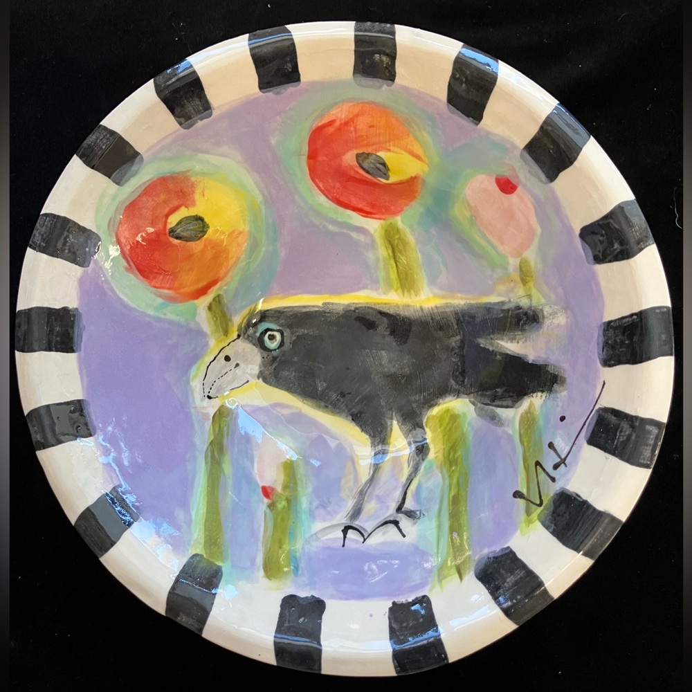 Handmade Deep Bowl” Crow And Poppies on Lavender“ 8x4” Original Design